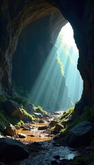 A serene, dark cave opening, sunlight streaming in, creating a mystical meditation space Perfect for concepts of inner peace, spiritual journey, and self-discovery , yoga, secret, mountain
