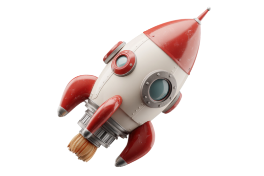 PNG Retro red and white space rocket with portholes and thrusters