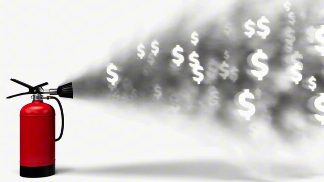 A red fire extinguisher blasts out a dense spray of floating smokey $ signs into the air, emergency money loop, white background