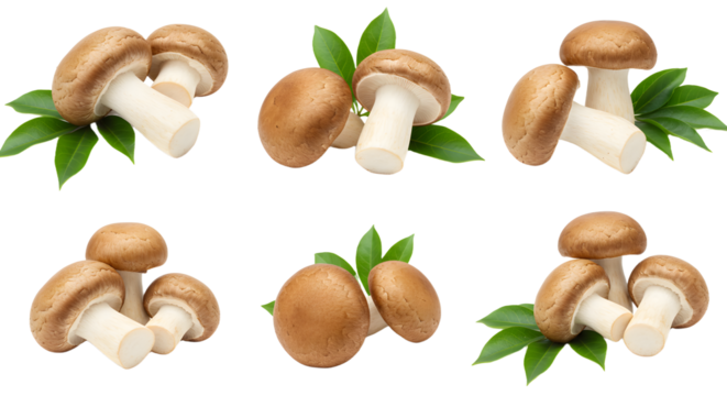 A collection of fresh mushrooms arranged with green leaves, showcasing their natural textures and colors in a clean layout