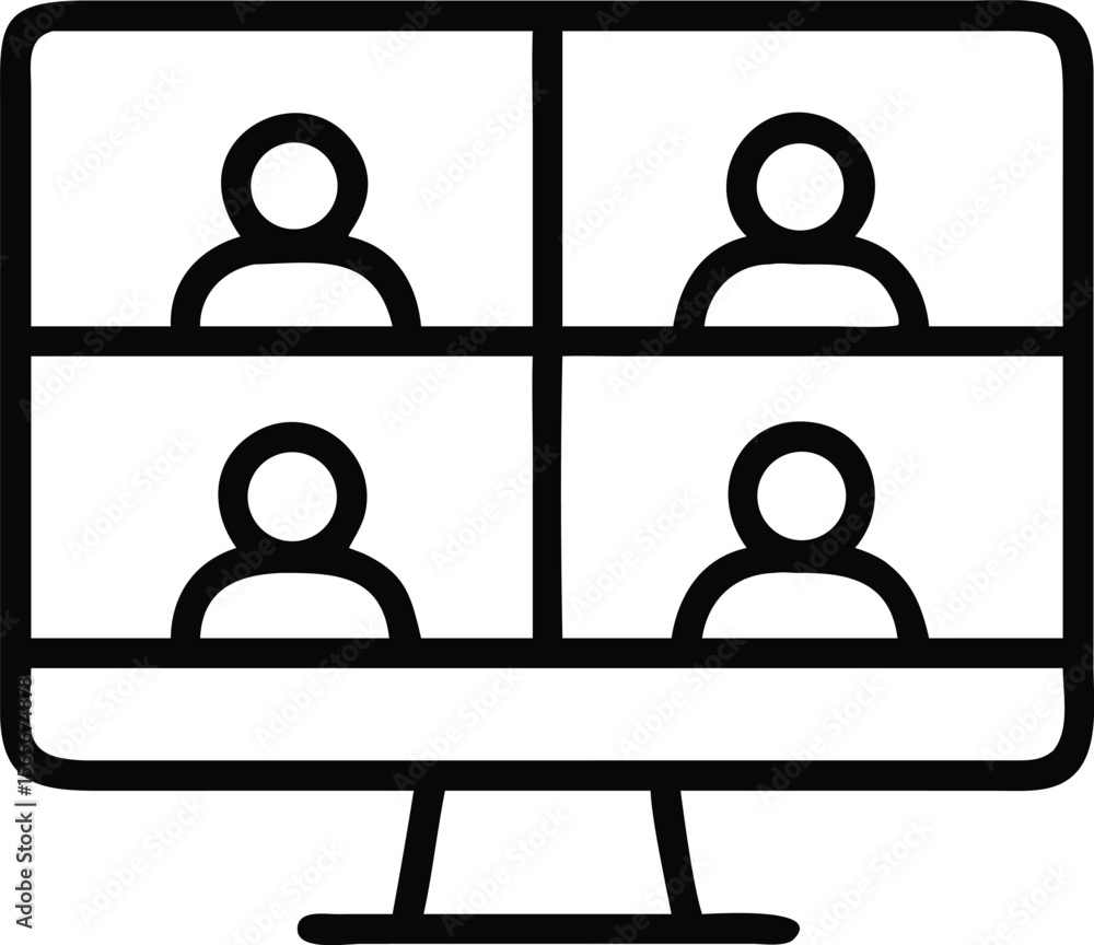 Poster simple line drawing of people in a video conference call on computer screen