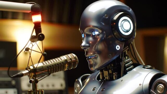 Close up of a humanoid robot with blue eyes speaking into a vintage microphone