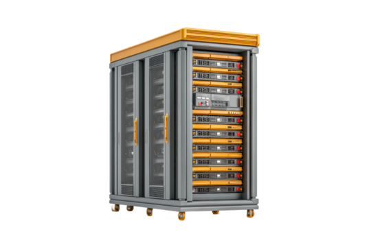 PNG Modern data center server rack with multiple units and network equipment
