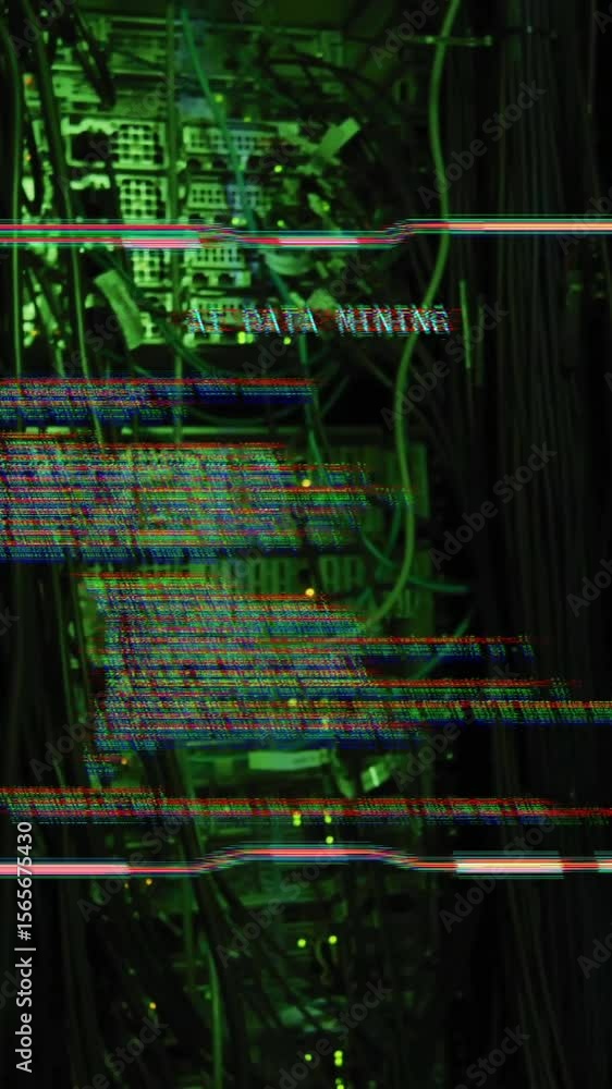 Poster data processing animation over server room with green lighting