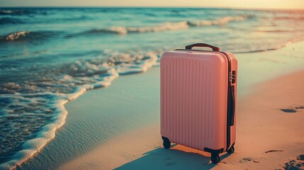 Pink suitcase on sandy beach, waves gently lapping, sunset