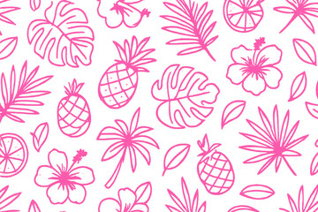 Tropical pink pineapples, palm leaves, monstera, and hibiscus blooming across transparent background, creating vibrant summer pattern design