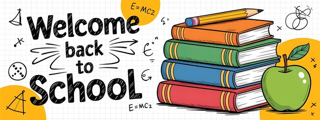 Welcome back to school is written with books, an apple, and math symbols