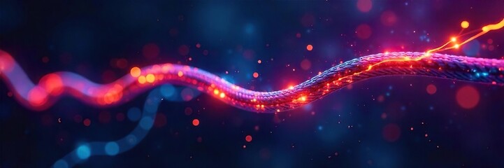 Obraz premium Vibrant, multicolored electrical wires and cables snake across a dark background, glowing with an inner light, creating an abstract image of power and energy , power lines, electric cables