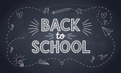Back to school is written on a dark chalkboard with drawings