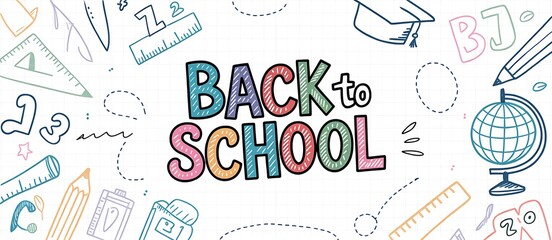 Back to school is written with colorful drawings isolated on white background