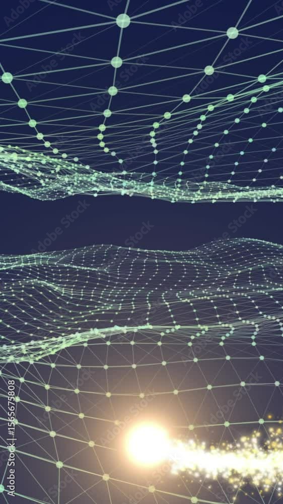 Fototapete animation of digital fireworks moving over dots interconnecting with lines and forming net pattern