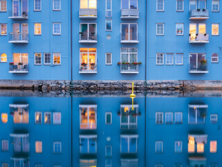 Aalesund, Norway. North. View of the town. Old buildings in the city center. Reflections on the...