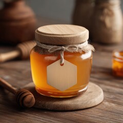 A honey jar with a wooden lid, decorated with linen elements and a label, placed on a wooden surface next to a honey dipper in a cozy setting
