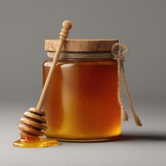A jar of natural honey with a wooden lid and a wooden honey dipper