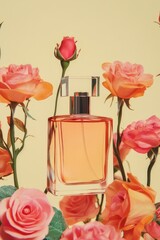 Elegant perfume bottle surrounded by vibrant roses