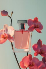 An elegant perfume bottle surrounded by delicate pink orchids in soft light