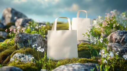 Eco-friendly white bags mockups on a rocky landscape with moss and blooming flowers