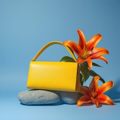 A bright yellow handbag on the rocks next to bright orange lilies on a soft blue background