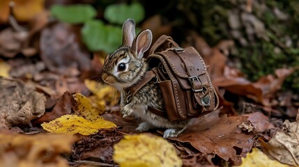 Fototapeta premium Tiny rabbit with backpack amidst autumn leaves, exploring woods on an adventure