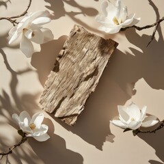 Product demonstration scene Natural wood and white flowers, elegantly arranged on a neutral background, create a serene aesthetic