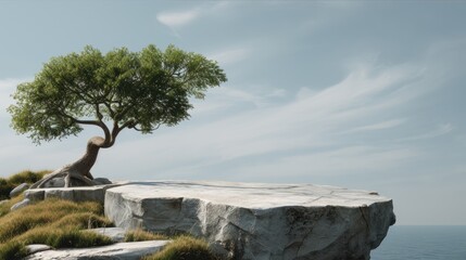 Solitary tree on rocky ledge overlooking calm sea under blue sky