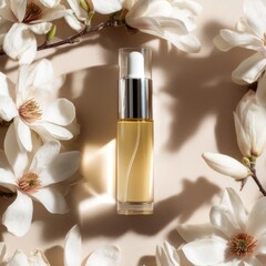 Beauty product showcased with magnolia flowers on a soft neutral background in a serene composition