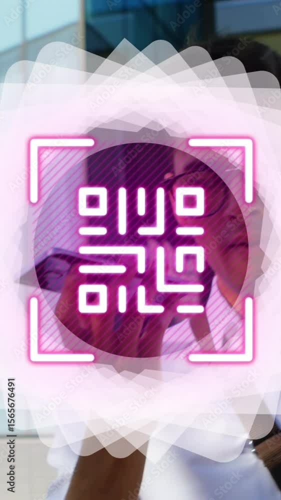 Poster animation of shapes and qr code over man using smartphone