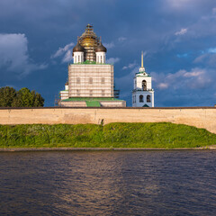 Holy Trinity Orthodox Cathedral under restoration. Pskov, Russia.