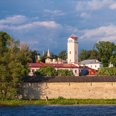 Beautiful evening view of the Pskov Kremlin from Olginskaya embankment. Pskov, Russia.