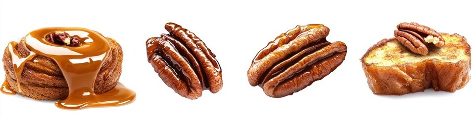 Cutout of set of 4 subjects: caramel sauce dripping onto cinnamon roll, French toast, and roasted pecans, isolated on white background