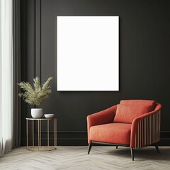 Mockup, Poster mockup, Black wall, In the room there is a large soft red armchair and a small table, Contrast, Modern interior design