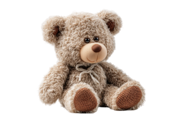 PNG Cute fluffy teddy bear with brown ribbon on white background