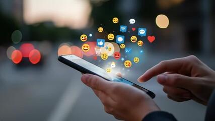 Social Media Engagement: One person interacting with online emojis and icons on a smartphone screen in an urban setting, fostering connection. - Powered by Adobe