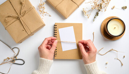 Obraz premium Eco-Friendly Gift Wrapping with Kraft Paper and Natural Decorations