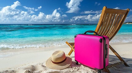 Beach scene with pink suitcase, straw hat, and wooden chair by turquoise water