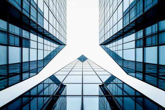 Abstract, symmetrical low-angle view of modern skyscrapers. Sleek glass lines create a powerful image of corporate success, finance, and future growth.