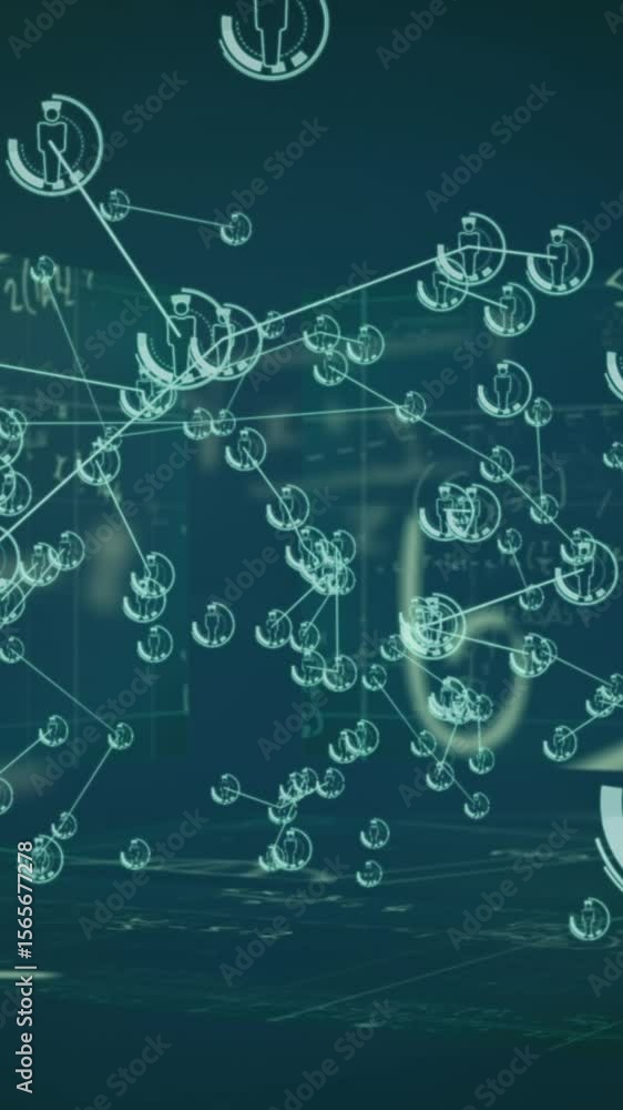 Poster animation of network of profile icons and screens with mathematical equations on blue background