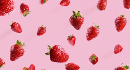 Fresh strawberries falling on a pink background