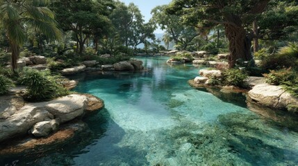 Naklejka premium Serene Oasis: Crystal Clear Water Winding Through Lush Tropical Landscape