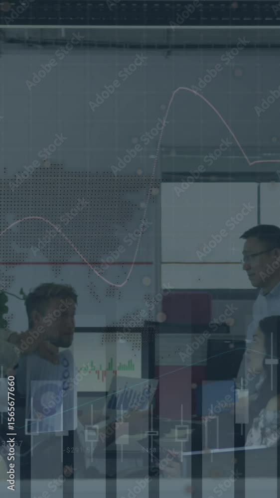 Poster animation of statistical data processing over team of diverse colleagues discussing at office