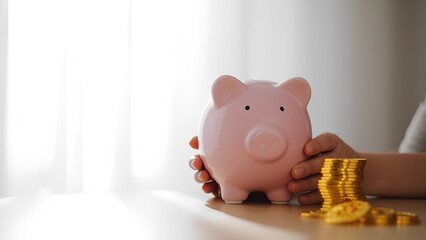 A young girl gently holds a piggy bank with both hands, A piggy bank symbolizes more than just saving coins—it represents discipline, dreams, and a hopeful future.