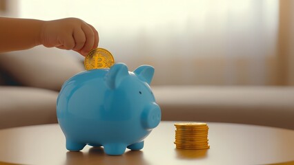A close-up shot of a hand depositing a coin into a piggy bank,A piggy bank symbolizes more than just saving coins—it represents discipline, dreams, and a hopeful future.