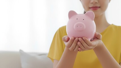 A young girl gently holds a piggy bank with both hands,A piggy bank symbolizes more than just saving coins—it represents discipline, dreams, and a hopeful future.
