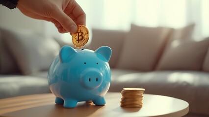 A close-up shot of a hand depositing a coin into a piggy bank,A piggy bank symbolizes more than just saving coins—it represents discipline, dreams, and a hopeful future.