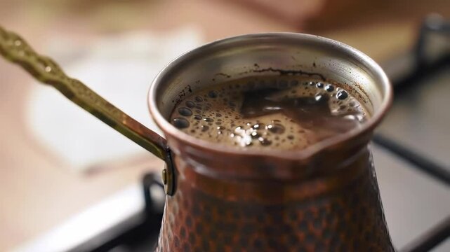 Turkish Coffee Brewing in a Copper Ibrik