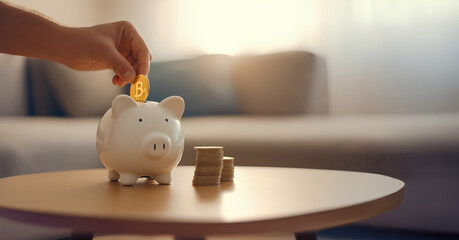 A close-up shot of a hand depositing a coin into a piggy bank,A piggy bank symbolizes more than just saving coins—it represents discipline, dreams, and a hopeful future.