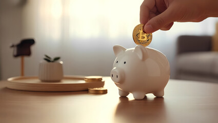 A close-up shot of a hand depositing a coin into a piggy bank,A piggy bank symbolizes more than just saving coins—it represents discipline, dreams, and a hopeful future.