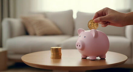 A close-up shot of a hand depositing a coin into a piggy bank,A piggy bank symbolizes more than just saving coins—it represents discipline, dreams, and a hopeful future.