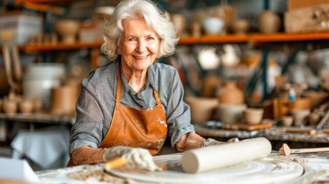 Senior woman potter shaping clay on wheel in a bright, creative pottery studio environment