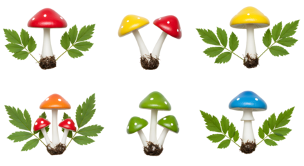 A vibrant collection of colorful mushrooms surrounded by green leaves, showcasing nature's beauty in a playful arrangement